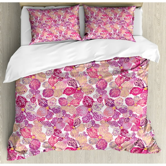 Ambesonne Floral Duvet Cover Sets, Colorful Flowers Ornaments, 2-King, Pink and Fuchsia