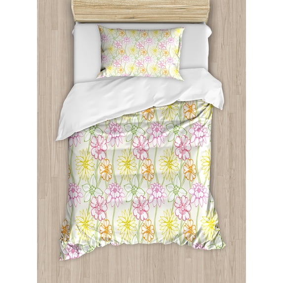 Ambesonne Floral Duvet Cover Sets, Colorful Flowers Sketchy, 2-Twin, Multicolor