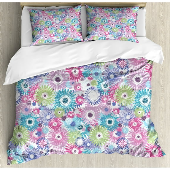 Ambesonne Floral Duvet Cover Sets, Colorful Vintage Curls, 2-King, Multicolor