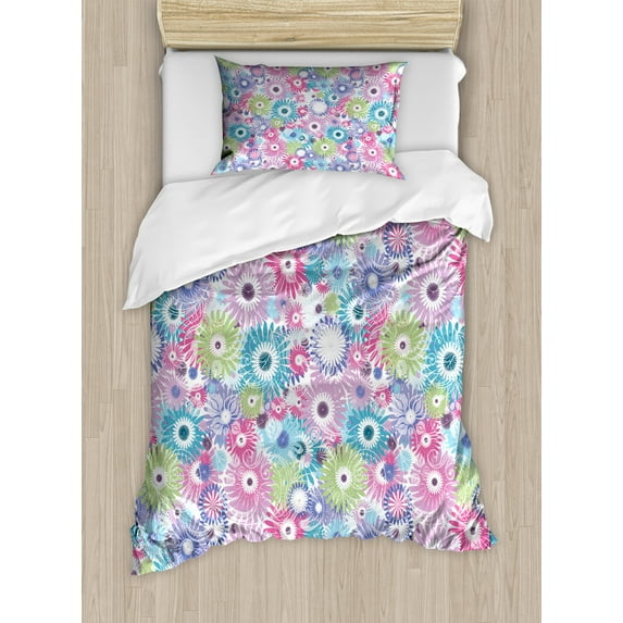 Ambesonne Floral Duvet Cover Sets, Colorful Vintage Curls, 2-Twin, Multicolor