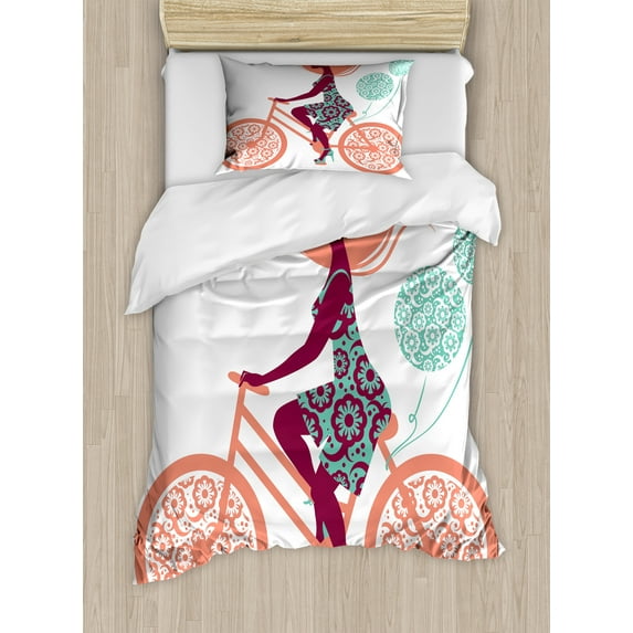 Ambesonne Floral Duvet Cover Sets, Coral Flowers Bikes Girl, 2-Twin, Coral and Seafoam