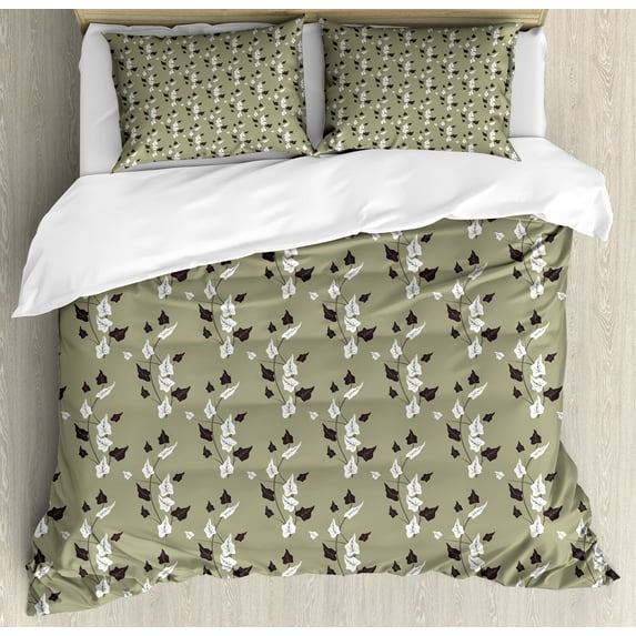 Ambesonne Floral Duvet Cover Sets, Curvy Garden Flowers, 2-Queen, Khaki White Dark Brown