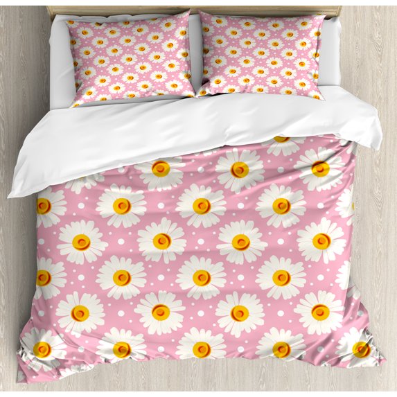 Ambesonne Floral Duvet Cover Sets, Daisy Flowers and Circles, 2-Queen, Pale Pink Orange White