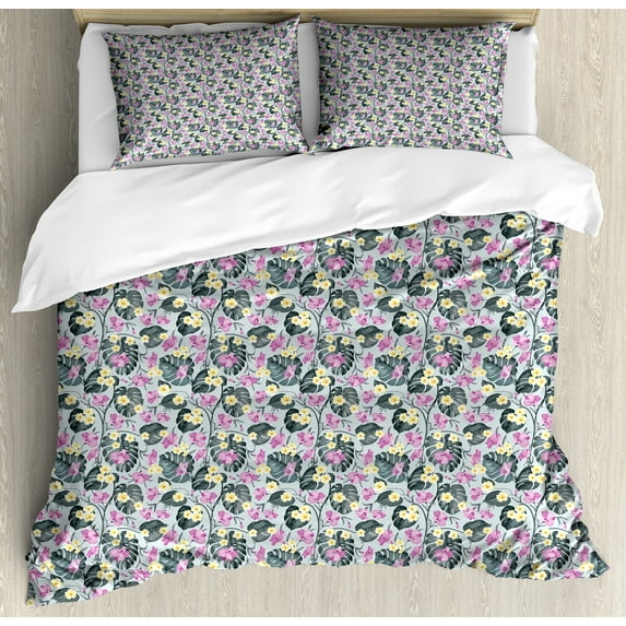 Ambesonne Floral Duvet Cover Sets, Design of Exotic Plantation, 2-King, Grey Teal Pale Fuchsia
