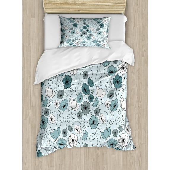 Ambesonne Floral Duvet Cover Sets, Doodle Floral Botany, 2-Twin, Grey Bluegrey White