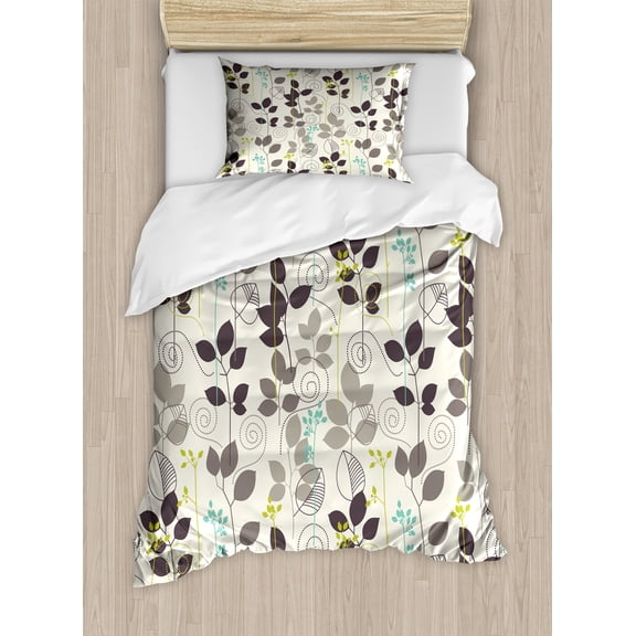 Ambesonne Floral Duvet Cover Sets, Doodle Leaves Earth Tone, 2-Twin, Dark Taupe Coconut