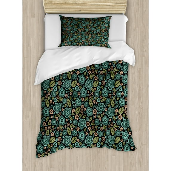 Ambesonne Floral Duvet Cover Sets, Earth Toned Flower Petals, 2-Twin, Teal Burnt Sienna Black