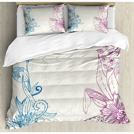 Ambesonne Floral Duvet Cover Sets, Flower Field Spring Art, 2-King, Teal Lilac Dried Rose