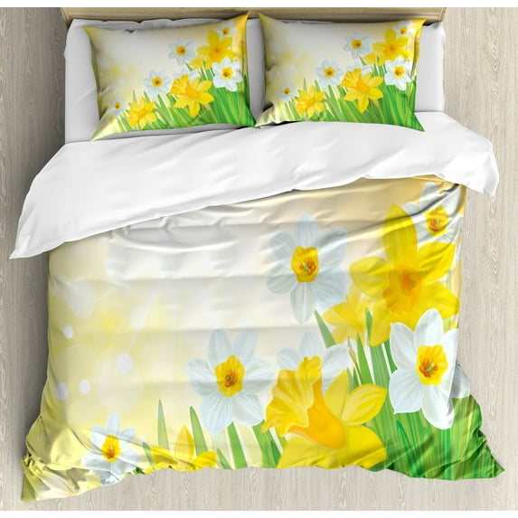 Ambesonne Floral Duvet Cover Sets, Flower Garden in Summer, 2-King, Green Yellow White