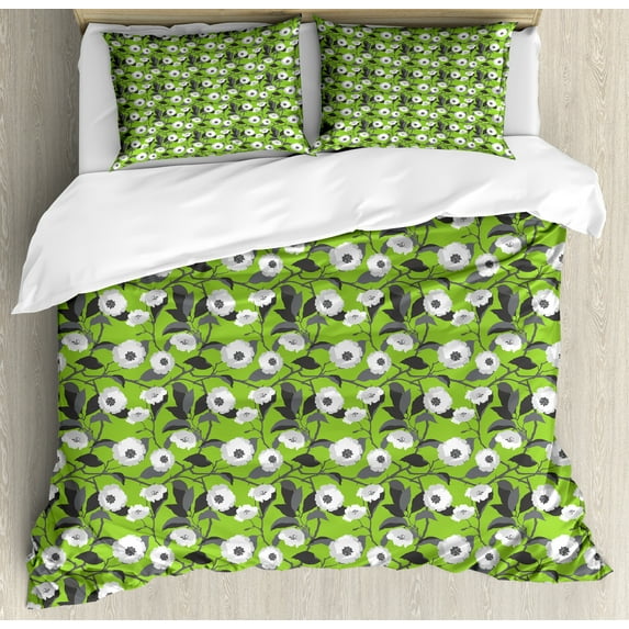 Ambesonne Floral Duvet Cover Sets, Flowers Big Leaves, 2-King, Lime Green Multicolor