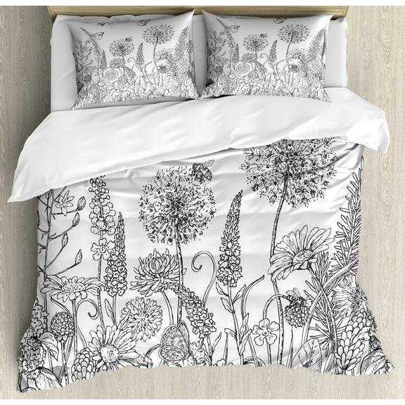 Ambesonne Floral Duvet Cover Sets, Flowers Garden Scenery, 2-King, Grey and White
