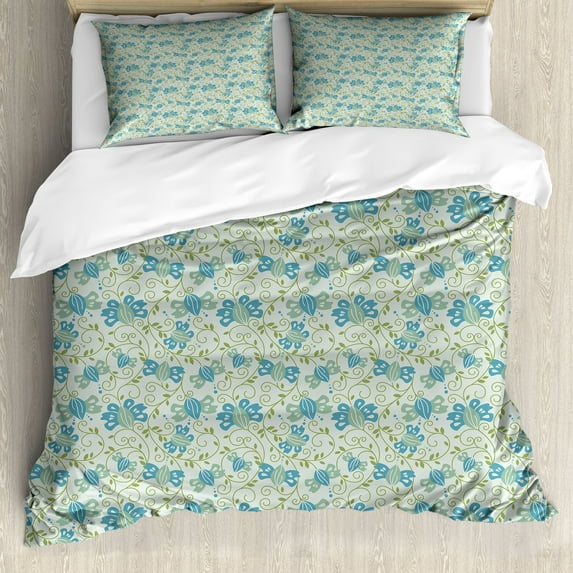 Ambesonne Floral Duvet Cover Sets, Flowers and Curved Branches, 2-King, Pale Seafoam Multicolor