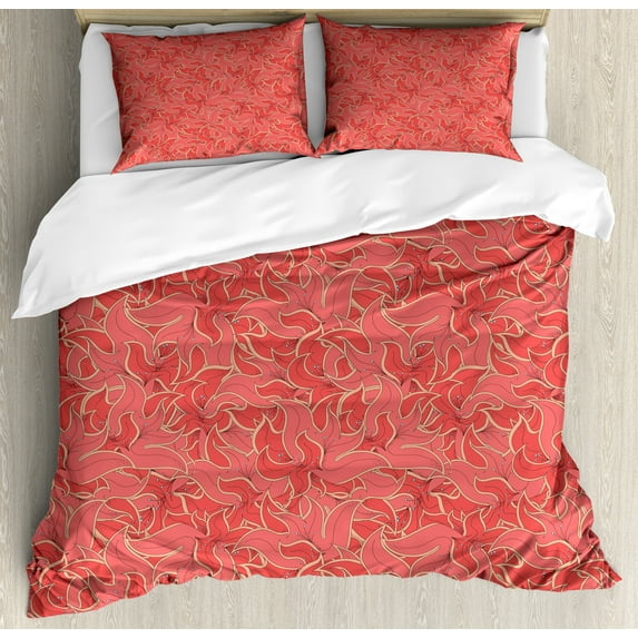 Ambesonne Floral Duvet Cover Sets, Flowers in Pinkish Colors, 2-King, Coral and Pale Peach