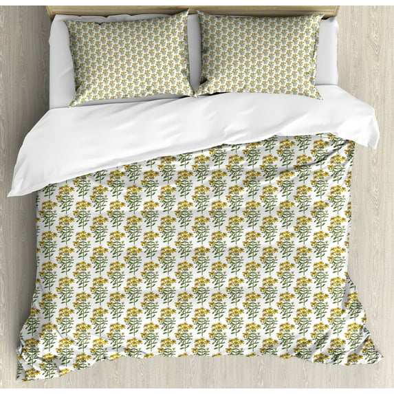 Ambesonne Floral Duvet Cover Sets, Forest Meadow Flowers Motif, 2-Queen, Mustard Hunter Green