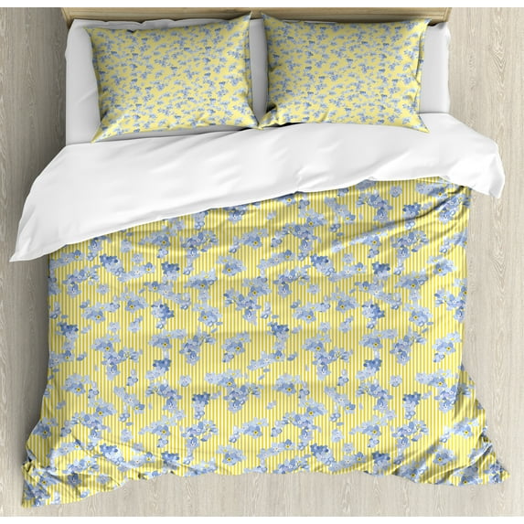Ambesonne Floral Duvet Cover Sets, Forget Me Not Flowers Lines, 2-King, Yellow Ceil Blue