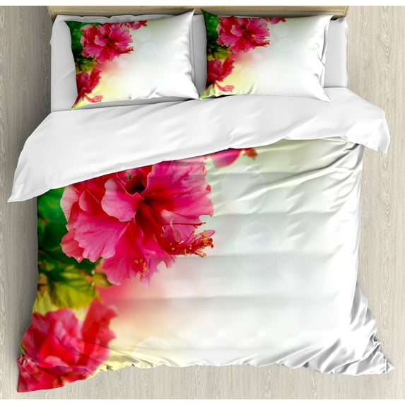 Ambesonne Floral Duvet Cover Sets, Fragrance Blossoms Garden, 2-Queen, Hot Pink Fern Green