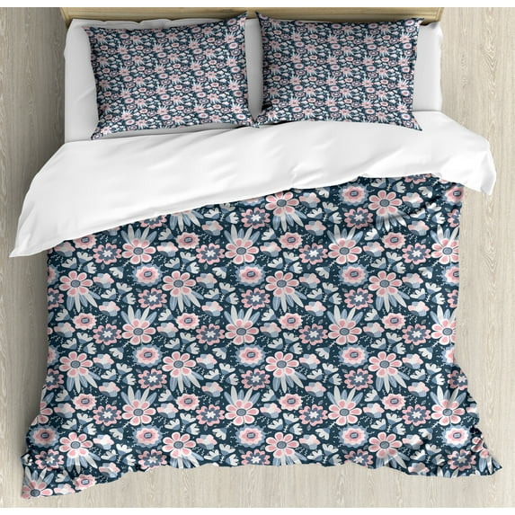 Ambesonne Floral Duvet Cover Sets, Garden Scene in Pastel Tones, 2-King, Slate Blue Pink