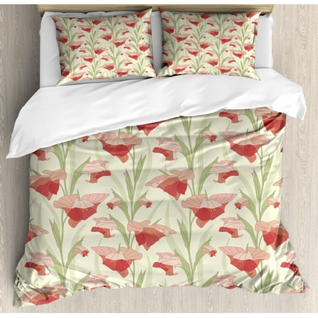 Ambesonne Floral Duvet Cover Sets, Graphic Flowers Close Up, 2-Queen, Dark Salmon Pale Green