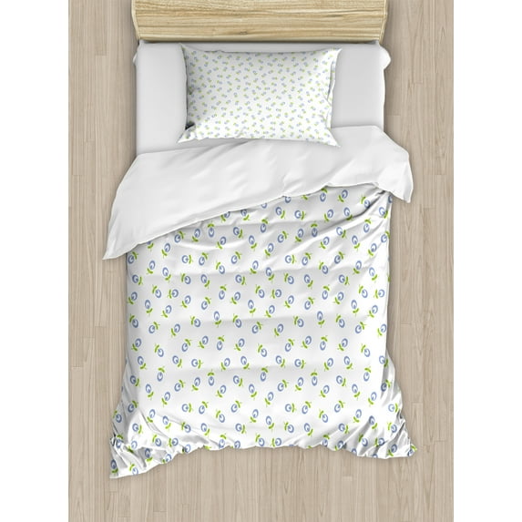 Ambesonne Floral Duvet Cover Sets, Green Leaves Vintage, 2-Twin, Green Violet Blue White