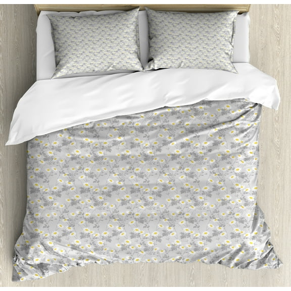 Ambesonne Floral Duvet Cover Sets, Greyscale Tone Daisies View, 2-King, Pale Grey Yellow
