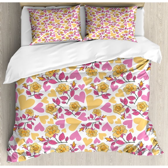 Ambesonne Floral Duvet Cover Sets, Hearts and Blooming Roses, 2-Queen, Mustard Pink