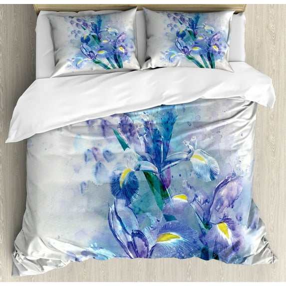 Ambesonne Floral Duvet Cover Sets, Iris Fresh Colors, 2-Queen, Lilac Teal Ecru