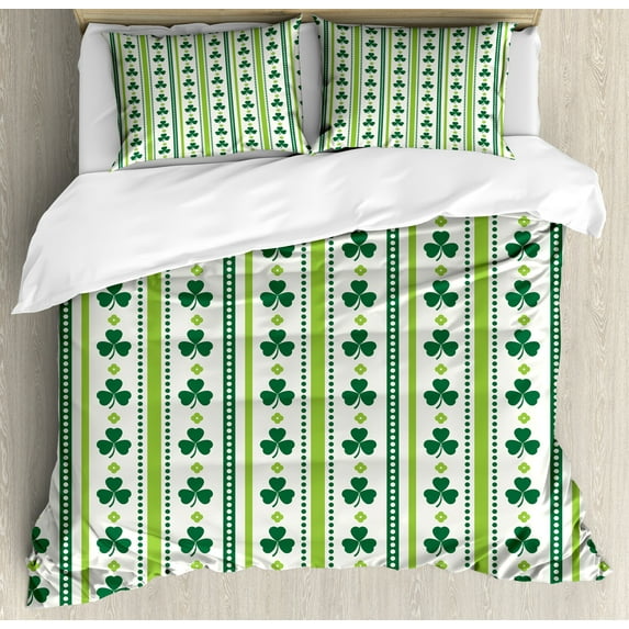 Ambesonne Floral Duvet Cover Sets, Irish Clovers Lines Dots, 2-Queen, Lime Green Dark Green