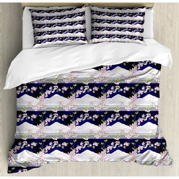 Ambesonne Floral Duvet Cover Sets, Japanese Blossom Mount Hill, 2-King, Indigo Pale Pink