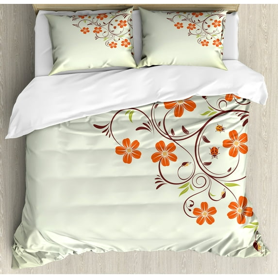 Ambesonne Floral Duvet Cover Sets, Ladybugs Flowers Spring, 2-King, Pale Green Red