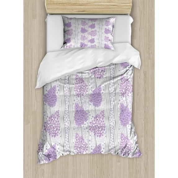 Ambesonne Floral Duvet Cover Sets, Lilac Flowers Curly Stripes, 2-Twin, Pastel Purple and Ivory