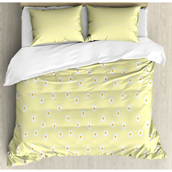 Ambesonne Floral Duvet Cover Sets, Minimalistic Daisy Flower, 2-King, Pale Yellow Orange White
