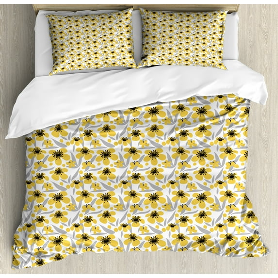 Ambesonne Floral Duvet Cover Sets, Minimalistic Yellow Blossoms, 2-Queen, Pale Taupe Charcoal Grey