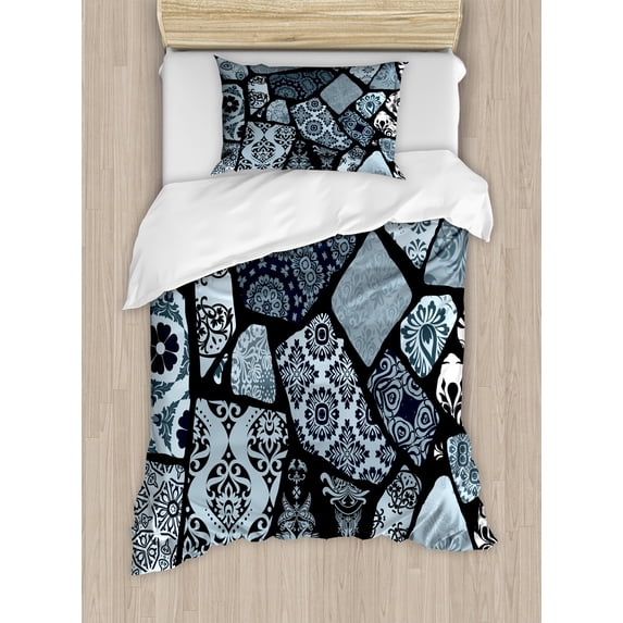Ambesonne Floral Duvet Cover Sets, Modern Geometric Shapes, 2-Twin, Bluegrey Black White