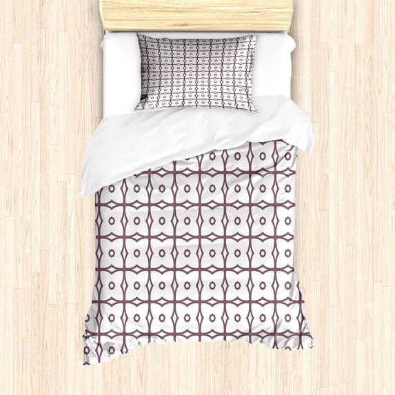 Ambesonne Floral Duvet Cover Sets, Octagons and Flowery Shapes, 2-Twin, Pale Eggplant and White