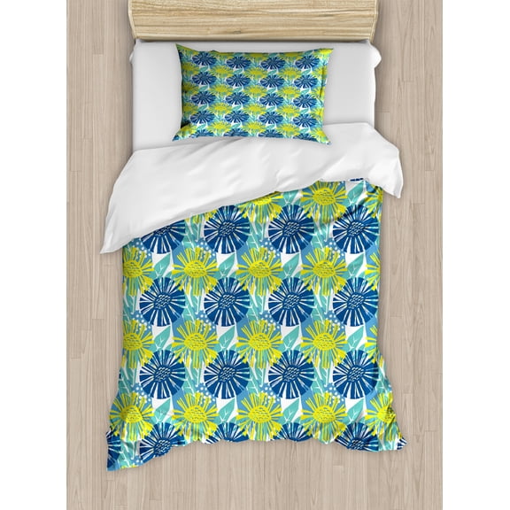 Ambesonne Floral Duvet Cover Sets, Paintbrush Streaks Doodling, 2-Twin, Dark Sky Blue Turquoise