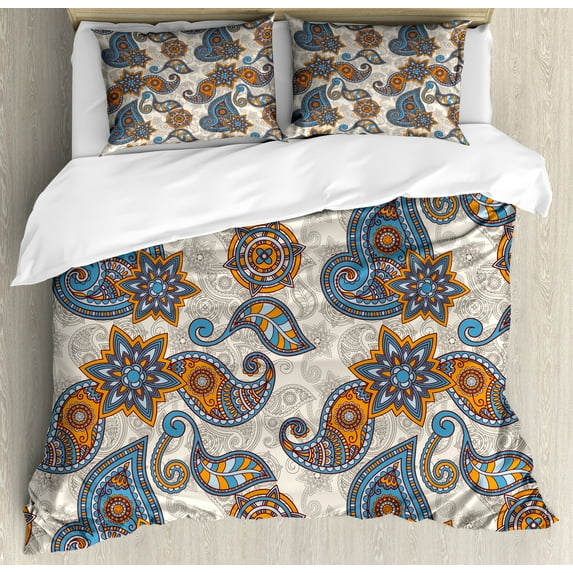 Ambesonne Floral Duvet Cover Sets, Paisley, 2-Queen, Violet Blue Marigold