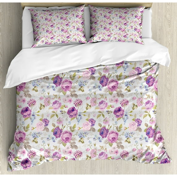 Ambesonne Floral Duvet Cover Sets, Pastel Tones Leaves, 2-Queen, Lilac Green Pale Blue