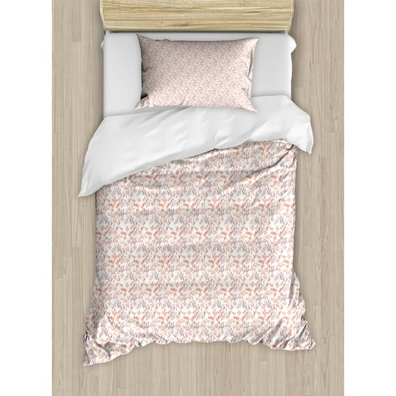 Ambesonne Floral Duvet Cover Sets, Peachy Feminine Theme Flower, 2-Twin, Peach Pale Mauve Salmon
