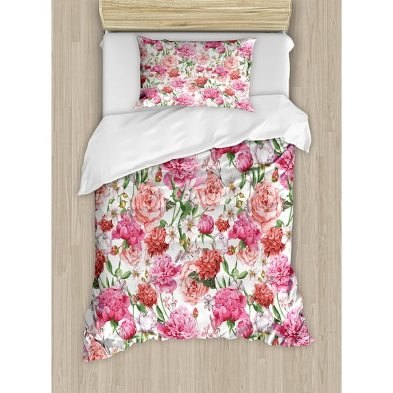 Ambesonne Floral Duvet Cover Sets, Peonies and Roses, 2-Twin, White Pink Blush