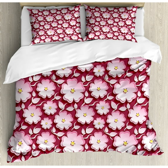 Ambesonne Floral Duvet Cover Sets, Petal of Japanese Cherry, 2-Queen, Pale Pink Maroon Yellow