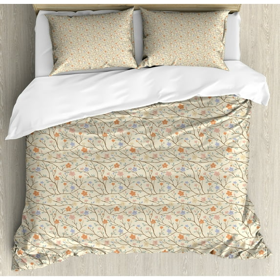 Ambesonne Floral Duvet Cover Sets, Pointed Petals Flowers Twigs, 2-King, Pale Mustard Multicolor