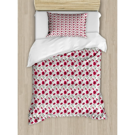 Ambesonne Floral Duvet Cover Sets, Poppy Flowers Butterflies, 2-Twin, Dark Coral and Olive Green