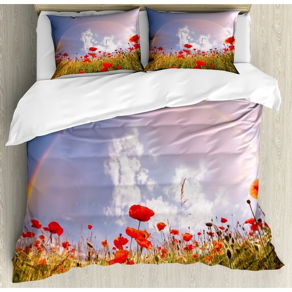 Ambesonne Floral Duvet Cover Sets, Poppy Flowers on Meadow, 2-King, Red Green Blue