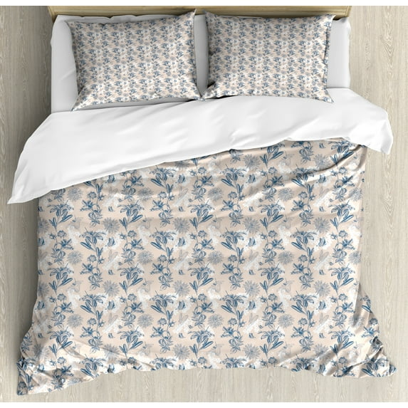 Ambesonne Floral Duvet Cover Sets, Retro Flowers Butterflies, 2-Queen, Slate Blue Pale Eggshell