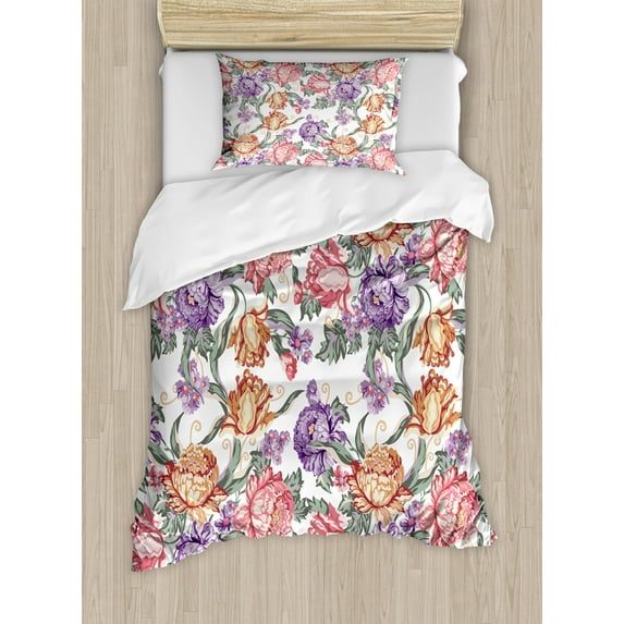 Ambesonne Floral Duvet Cover Sets, Retro Flowers and Curls, 2-Twin, Multicolor