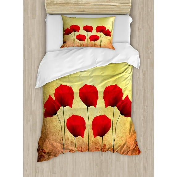 Ambesonne Floral Duvet Cover Sets, Retro Poppy Flowers, 2-Twin, Scarlet Pale Yellow
