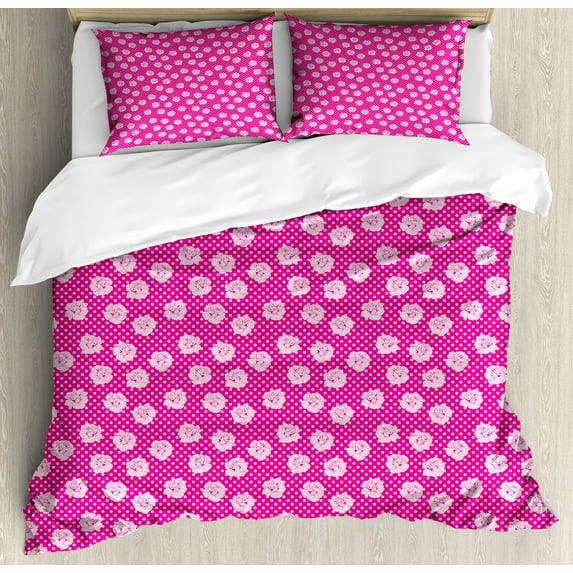 Ambesonne Floral Duvet Cover Sets, Rhythmic Polka Dots Roses, 2-Queen, Magenta Pale Pink