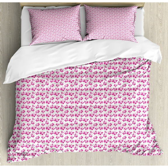 Ambesonne Floral Duvet Cover Sets, Romantic Details Flowers, 2-King, Hot Pink Green and White