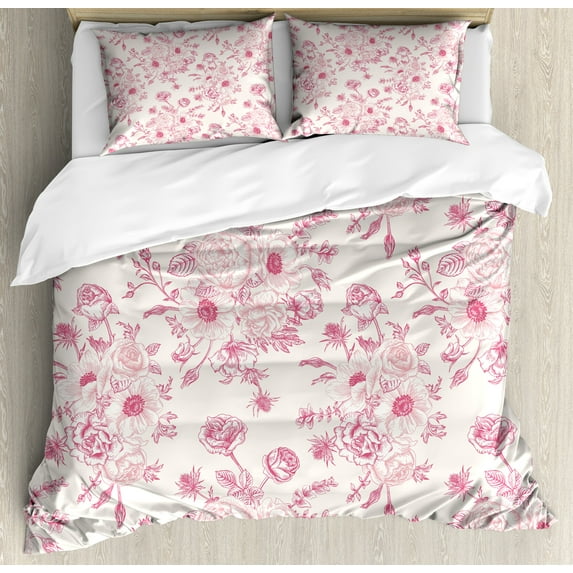 Ambesonne Floral Duvet Cover Sets, Romantic Rose Flowers, 2-King, Pale Pink