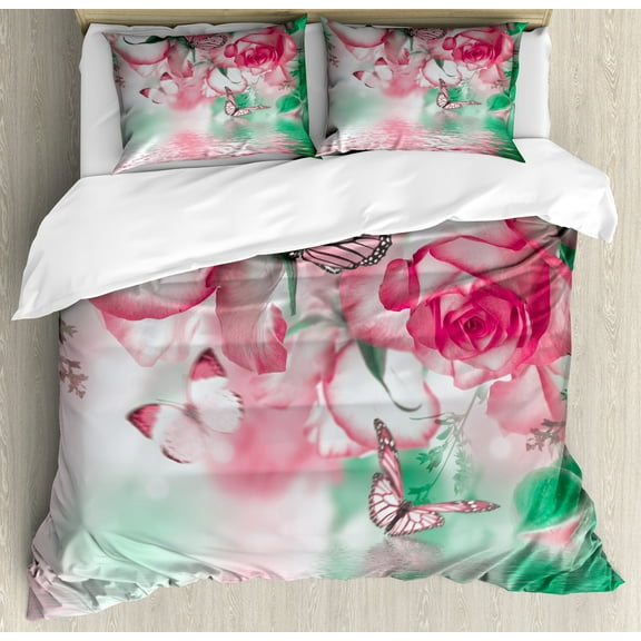 Ambesonne Floral Duvet Cover Sets, Rose Petals Butterfly, 2-King, Jade Green Pale Pink